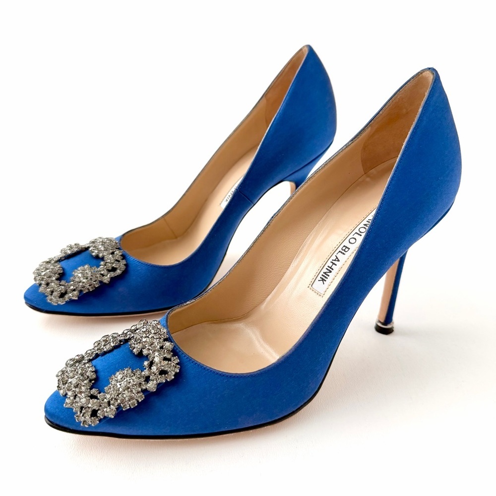 MANOLO BLAHNIK | Hangisi 105 Blue Satin Crystal Jewel Buckle Pumps EU 37 - Picture 3 of 14